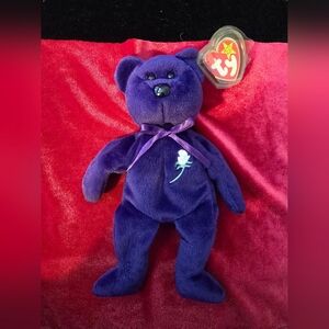 PRINCESS DIANA Ty Deep Purple Bear Plush with Rose Embroidery